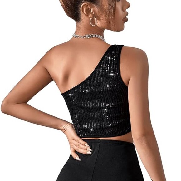 Women's One Shoulder Sleeveless Sequin Glitter Party Cropped Tank Crop Tops - Picture 2 of 6